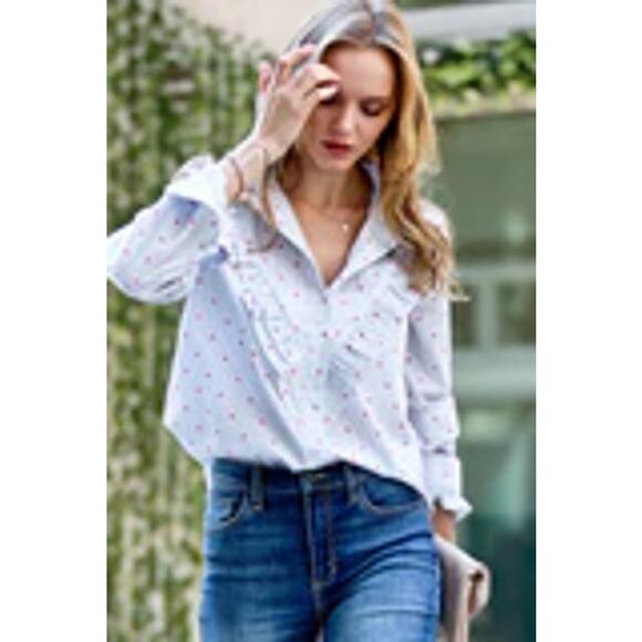 Long Sleeve Cotton Button Up Blouse White Gray Pinstripe Heart Ruffle Small - Picture 6 of 10